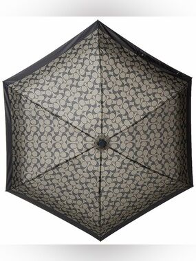 Coach Signature Compact Umbrella in Graphite and Black Logo Print UV Protection